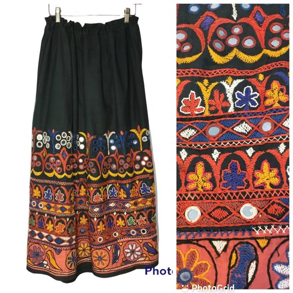 Vintage Dresses & Skirts - Vintage Indian Cotton Boho Skirt Mirrors Bells Embroidery Boho Gypsy Festival